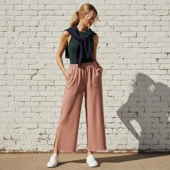 Wide linen pants with side slit - Elasticated waistband - Picture 2 of 3